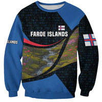 Faroe Islands Sweatshirt with Waterfall Nature Scene and Rune Pattern Design - Wonder Print Shop