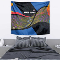 Faroe Islands Tapestry with Waterfall Nature Scene and Rune Pattern Design - Wonder Print Shop