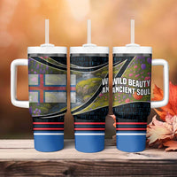 Faroe Islands Tumbler With Handle with Waterfall Nature Scene and Rune Pattern Design - Wonder Print Shop