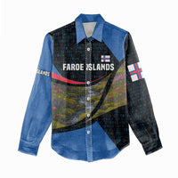 Faroe Islands Women Casual Shirt with Waterfall Nature Scene and Rune Pattern Design - Wonder Print Shop