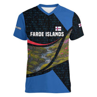 Faroe Islands Women V-Neck T-Shirt with Waterfall Nature Scene and Rune Pattern Design - Wonder Print Shop