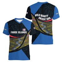 Faroe Islands Women V-Neck T-Shirt with Waterfall Nature Scene and Rune Pattern Design - Wonder Print Shop