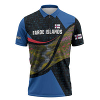 Faroe Islands Zipper Polo Shirt with Waterfall Nature Scene and Rune Pattern Design - Wonder Print Shop