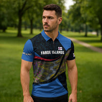 Faroe Islands Zipper Polo Shirt with Waterfall Nature Scene and Rune Pattern Design - Wonder Print Shop