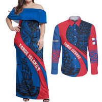 Faroe Islands Couples Matching Off Shoulder Maxi Dress and Long Sleeve Button Shirt with Viking Warrior and Longship Design - Wonder Print Shop