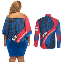 Faroe Islands Couples Matching Off Shoulder Short Dress and Long Sleeve Button Shirt with Viking Warrior and Longship Design - Wonder Print Shop