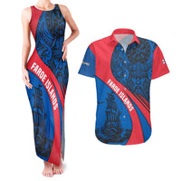 Faroe Islands Couples Matching Tank Maxi Dress and Hawaiian Shirt with Viking Warrior and Longship Design - Wonder Print Shop