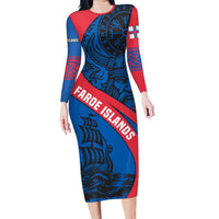 Faroe Islands Long Sleeve Bodycon Dress with Viking Warrior and Longship Design - Wonder Print Shop