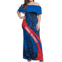 Faroe Islands Off Shoulder Maxi Dress with Viking Warrior and Longship Design - Wonder Print Shop