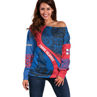 Faroe Islands Off Shoulder Sweater with Viking Warrior and Longship Design - Wonder Print Shop