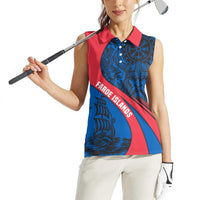 Faroe Islands Women Sleeveless Polo Shirt with Viking Warrior and Longship Design - Wonder Print Shop