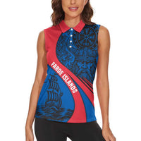 Faroe Islands Women Sleeveless Polo Shirt with Viking Warrior and Longship Design - Wonder Print Shop
