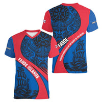 Faroe Islands Women V-Neck T-Shirt with Viking Warrior and Longship Design - Wonder Print Shop