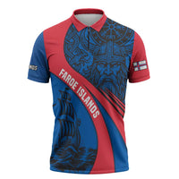 Faroe Islands Zipper Polo Shirt with Viking Warrior and Longship Design - Wonder Print Shop