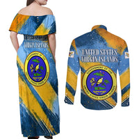 United States Virgin Islands Couples Matching Off Shoulder Maxi Dress and Long Sleeve Button Shirt with Blue Yellow Eagle Design and Government Seal - Wonder Print Shop