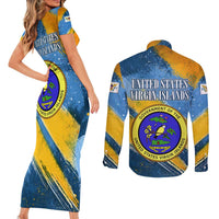 United States Virgin Islands Couples Matching Short Sleeve Bodycon Dress and Long Sleeve Button Shirt with Blue Yellow Eagle Design and Government Seal - Wonder Print Shop