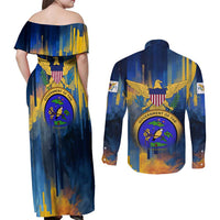 United States Virgin Islands Couples Matching Off Shoulder Maxi Dress and Long Sleeve Button Shirt with Blue Yellow Government Seal Design and Bald Eagle - Wonder Print Shop