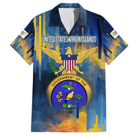 United States Virgin Islands Family Matching Off The Shoulder Long Sleeve Dress and Hawaiian Shirt with Blue Yellow Government Seal Design and Bald Eagle - Wonder Print Shop