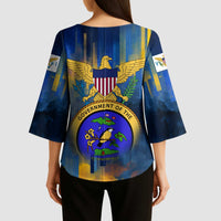 United States Virgin Islands Kimono Sleeve Blouse with Blue Yellow Government Seal Design and Bald Eagle - Wonder Print Shop