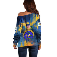 United States Virgin Islands Off Shoulder Sweater with Blue Yellow Government Seal Design and Bald Eagle - Wonder Print Shop