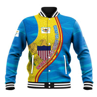 United States Virgin Islands Baseball Jacket with Blue Yellow Wave Design and Island Map Bird - Wonder Print Shop