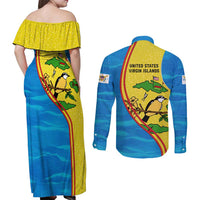 United States Virgin Islands Couples Matching Off Shoulder Maxi Dress and Long Sleeve Button Shirt with Blue Yellow Wave Design and Island Map Bird - Wonder Print Shop