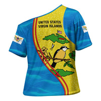 United States Virgin Islands Cross Shoulder Shirt with Blue Yellow Wave Design and Island Map Bird - Wonder Print Shop