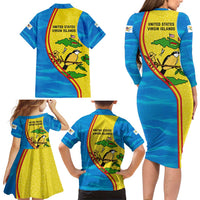 United States Virgin Islands Family Matching Long Sleeve Bodycon Dress and Hawaiian Shirt with Blue Yellow Wave Design and Island Map Bird - Wonder Print Shop