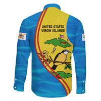United States Virgin Islands Family Matching Short Sleeve Bodycon Dress and Hawaiian Shirt with Blue Yellow Wave Design and Island Map Bird - Wonder Print Shop