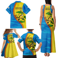 United States Virgin Islands Family Matching Tank Maxi Dress and Hawaiian Shirt with Blue Yellow Wave Design and Island Map Bird - Wonder Print Shop