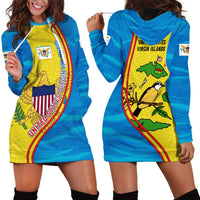 United States Virgin Islands Hoodie Dress with Blue Yellow Wave Design and Island Map Bird - Wonder Print Shop