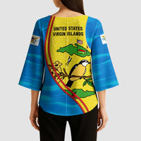 United States Virgin Islands Kimono Sleeve Blouse with Blue Yellow Wave Design and Island Map Bird - Wonder Print Shop