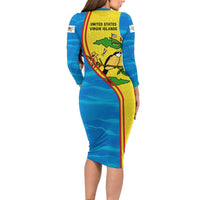 United States Virgin Islands Long Sleeve Bodycon Dress with Blue Yellow Wave Design and Island Map Bird - Wonder Print Shop
