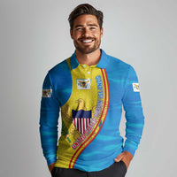 United States Virgin Islands Long Sleeve Polo Shirt with Blue Yellow Wave Design and Island Map Bird - Wonder Print Shop