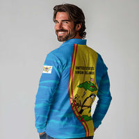 United States Virgin Islands Long Sleeve Polo Shirt with Blue Yellow Wave Design and Island Map Bird - Wonder Print Shop