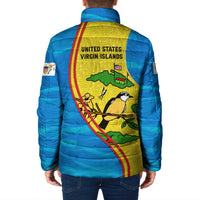 United States Virgin Islands Padded Jacket with Blue Yellow Wave Design and Island Map Bird - Wonder Print Shop