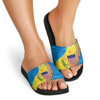 United States Virgin Islands Slide Sandals with Blue Yellow Wave Design and Island Map Bird - Wonder Print Shop