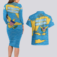 United States Virgin Islands Couples Matching Long Sleeve Bodycon Dress and Hawaiian Shirt with Blue Yellow Ocean Design and Eagle Map Pattern - Wonder Print Shop