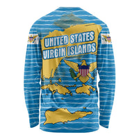 United States Virgin Islands Long Sleeve Shirt with Blue Yellow Ocean Design and Eagle Map Pattern - Wonder Print Shop