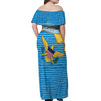 United States Virgin Islands Off Shoulder Maxi Dress with Blue Yellow Ocean Design and Eagle Map Pattern - Wonder Print Shop