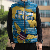 United States Virgin Islands Sleeveless Puffer Jacket with Blue Yellow Ocean Design and Eagle Map Pattern - Wonder Print Shop
