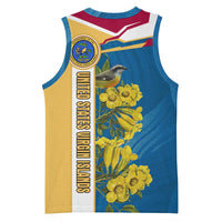 United States Virgin Islands Basketball Jersey with Blue Yellow Floral Design and Government Seal Bird - Wonder Print Shop