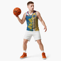 United States Virgin Islands Basketball Jersey with Blue Yellow Floral Design and Government Seal Bird - Wonder Print Shop