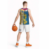United States Virgin Islands Basketball Jersey with Blue Yellow Floral Design and Government Seal Bird - Wonder Print Shop