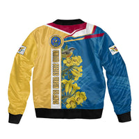 United States Virgin Islands Bomber Jacket with Blue Yellow Floral Design and Government Seal Bird - Wonder Print Shop