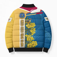 United States Virgin Islands Bomber Puffer Jacket with Blue Yellow Floral Design and Government Seal Bird - Wonder Print Shop
