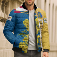 United States Virgin Islands Bomber Puffer Jacket with Blue Yellow Floral Design and Government Seal Bird - Wonder Print Shop