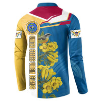 United States Virgin Islands Button Sweatshirt with Blue Yellow Floral Design and Government Seal Bird - Wonder Print Shop