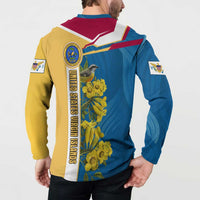 United States Virgin Islands Button Sweatshirt with Blue Yellow Floral Design and Government Seal Bird - Wonder Print Shop