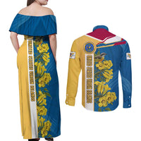 United States Virgin Islands Couples Matching Off Shoulder Maxi Dress and Long Sleeve Button Shirt with Blue Yellow Floral Design and Government Seal Bird - Wonder Print Shop
